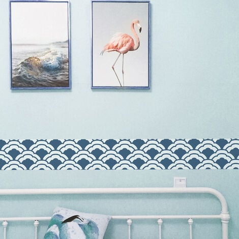 Frise adhésive Melbo 15 cm X 300 cm, autocollante, motifs éventails nuages bleu et blanc, décoration murale intérieure. - Bleu