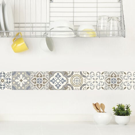 Frise Adhésive Mofis Carreaux de Ciment Ancien, 15 cm x 300 cm, Gris et Beige, Autocollante, Décoration Intérieure, Borgatella
