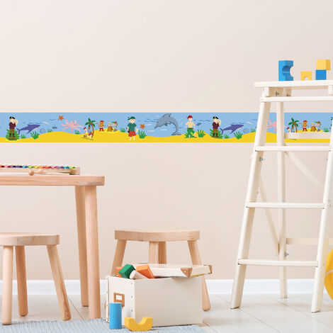Frise Adhésive Pirates & Animaux de la Mer pour Chambre d'Enfant, 15x300cm, Autocollante & Colorée, Décoration Murale Enfant.