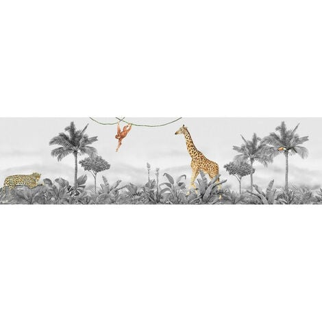 Frise auto-collante animaux de la jungle girafe, léopard et singe en noir et blanc - 1 rouleau de 0,138 x 5 m