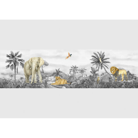 Frise auto-collante Animaux de la jungle lion et éléphant en noir et blanc - 1 rouleau de 0,97 x 5 m