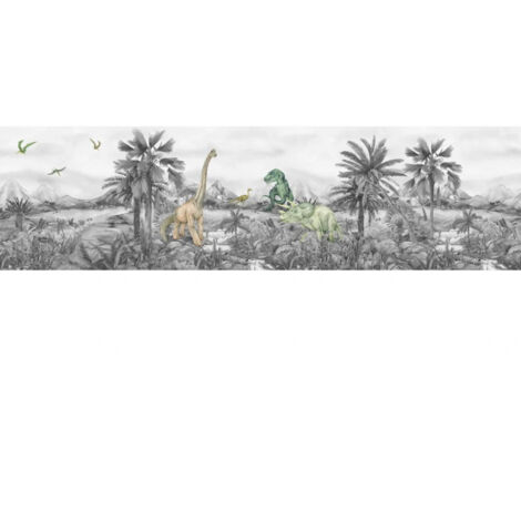 Frise auto-collante dinosaures en noir et blanc - 1 rouleau de 0,138 x 5 m