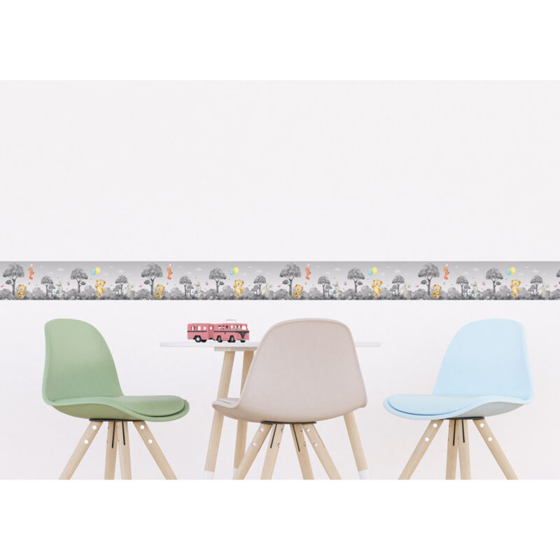 Frise auto-collante ourson, renard et lapin en noir et blanc - 1 rouleau de 0,97 x 5 m