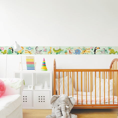 Frise autocollante jungle animaux 15x300cm – Décoration murale en vinyle repositionnable – Touche colorée pour chambre d'enfant – Plage