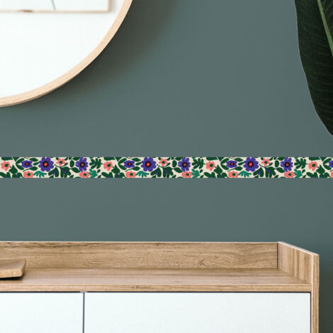Frise décorative adhésive, fleurs colorées, rose, violet, rétro, tendance, 5 cm X 300 cm