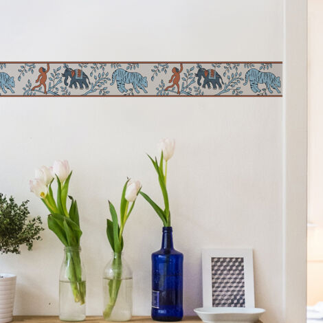 Frise décorative adhésive, jaipur bleu, orange, animaux, tigre, éléphant, 9 cm X 300 cm