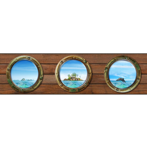 Frise murale auto-adhésive 500 cm x 14 cm – Motif 3 hublots avec dauphins et poissons – Pose facile sans bulles ni plis – Ag Art