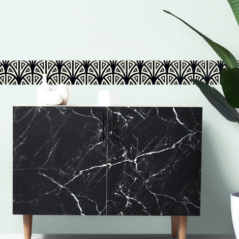 Frise murale autocollante géométrique noir et blanc 15 cm x 300 cm – Vinyle repositionnable – Décoration moderne pour murs et meubles – Plage