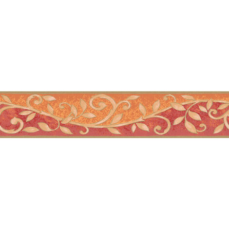 Frise murale motif feuille beige | Frise papier peint cuisine rouge & orange | Frise tapisserie feuille pour couloir & entrée - 5,00 x 0,13 m