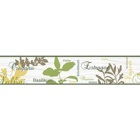 Frise papier peint à inscriptions | Frise tapisserie verte, marron et jaune pour cuisine | Frise murale herbes aromatiques - 5,00 x 0,13 m