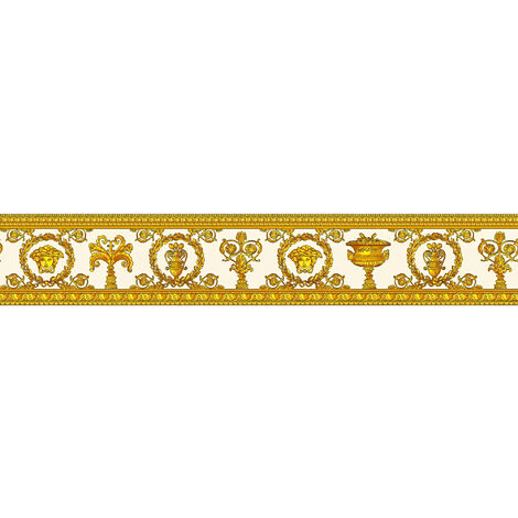 Frise papier peint baroque blanc & doré | Frise tapisserie baroque motif Médusa | Frise murale de designer italien moderne pour salon - 5,00 x 0,09 m