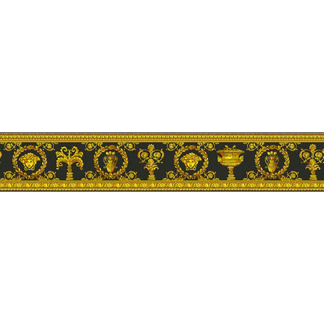 Frise papier peint baroque motif Médusa | Frise tapisserie baroque noire & dorée | Frise murale moderne idéale pour salon - 5,00 x 0,09 m