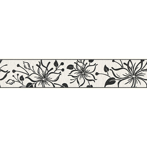 Frise papier peint fleuri noir & blanc | Frise tapisserie motif fleur pour salon | Frise murale chambre adulte noire & blanche - 5,00 x 0,13 m