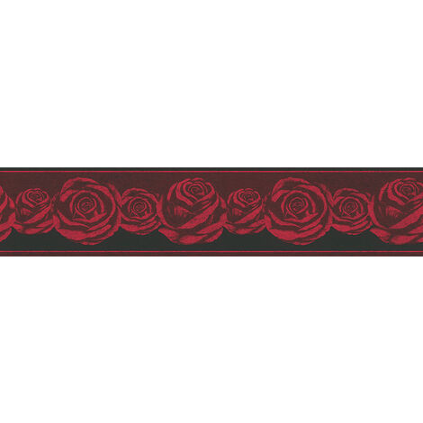 Frise papier peint fleuri rouge & noir | Frise tapisserie motif rose pour salon | Frise murale chambre adulte motif fleur rouge - 5,00 x 0,13 m