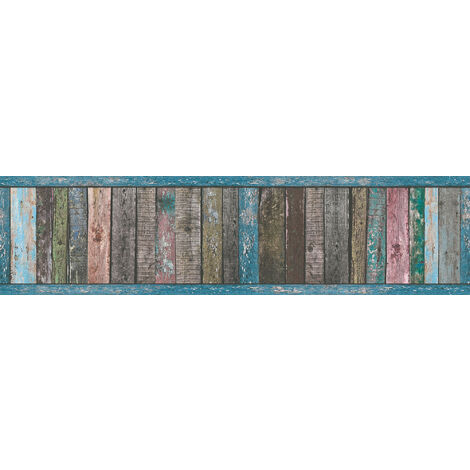 Frise papier peint imitation bois | Frise tapisserie effet bois coloré & usé | Frise murale bleu rose marron pour cuisine & salon - 5,00 x 0,13 m