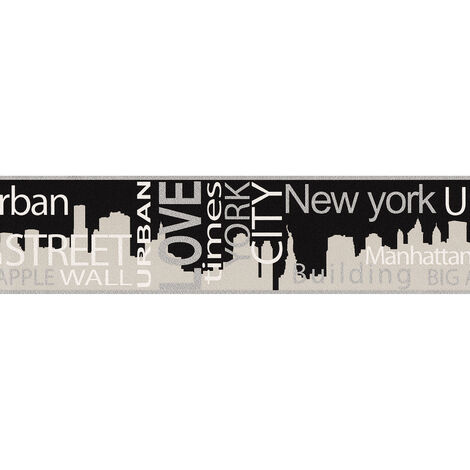 Frise papier peint moderne New York | Frise tapisserie noir et gris pour chambre d'ado | Frise murale écritures métallique - 5,00 x 0,13 m