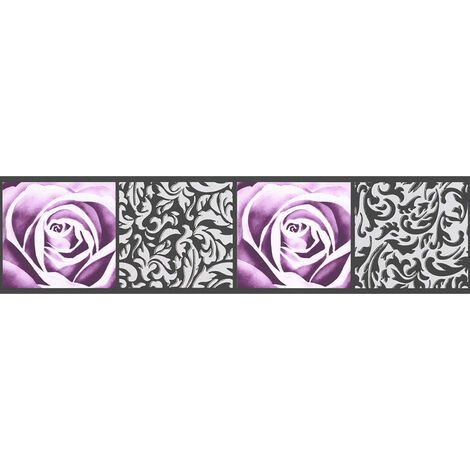 Frise papier peint motif fleur rose | Frise tapisserie à motif baroque pour salon | Frise murale gris, blanc et rose pour chambre - 5,00 x 0,13 m