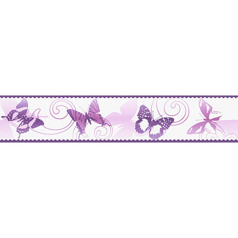 Frise papier peint motif papillon | Frise tapisserie chambre enfant rose et violet | Frise murale à motif idéal pour chambre de fille - 5,00 x 0,10 m