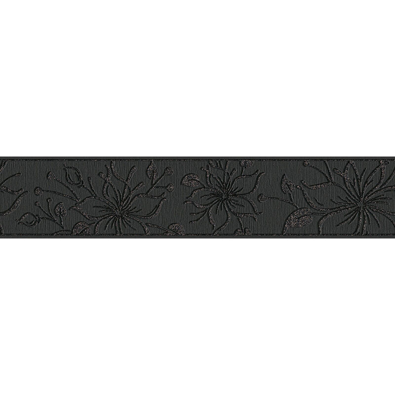 Frise papier peint noir fleuri élégant Frise tapisserie noire motif fleur pour salon Frise murale noire chambre adulte & entrée - Noir, Cuivre