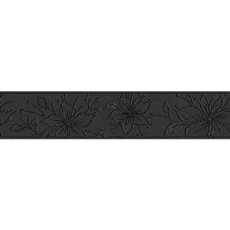 Frise papier peint noir fleuri élégant | Frise tapisserie noire motif fleur pour salon | Frise murale noire chambre adulte & entrée - 5,00 x 0,13 m