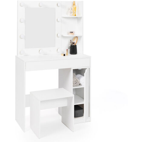 Frisierplatz ZELIA LED-Spiegel mit 1 Schublade, Regalen, Aufbewahrungsbox und Hocker
