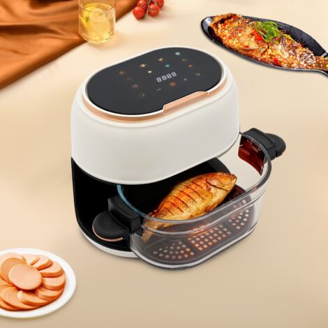 Friteuse à air chaud, 4 L, panier en verre, écran tactile numérique à LED, AirFryer, 1 à 120 minutes, fenêtre de visualisation, rôtissage, cuisson au four, lavable au lave-vaisselle, blanc