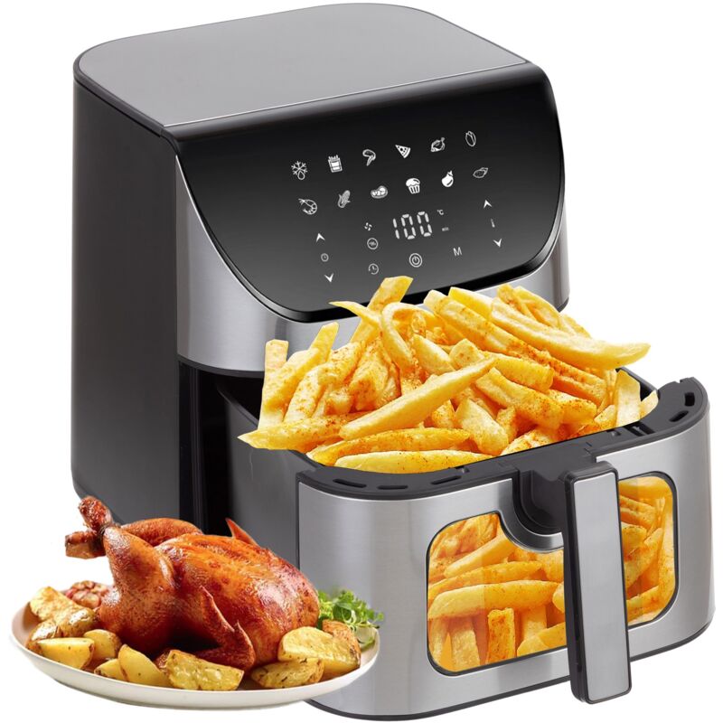 Friteuse à air chaud 8,5 L avec affichage LED, 1800 W, hublot et 12 programmes de cuisson, 80-200 °C, XXL