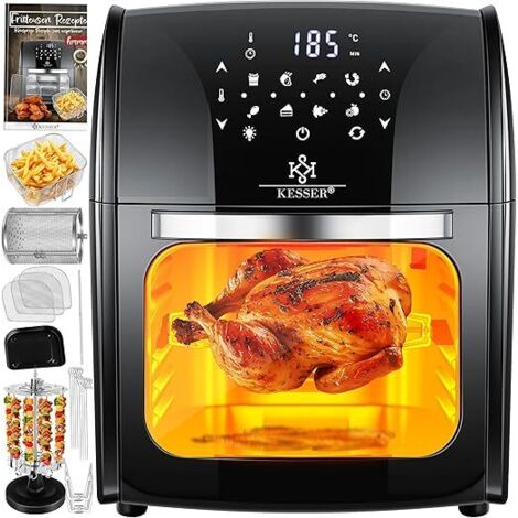 Friteuse à air chaud Kesser® XXL 9 en 1 : friteuse à air chaud, grill rotatif, égouttoir, micro-ondes, livre de recettes, brochette à griller, 1 800 W, cuisson sans huile, 8 programmes, accessoires in