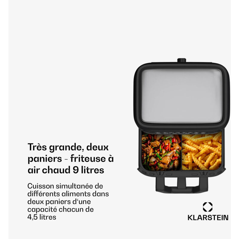 Friteuse à air chaud Klarstein friteuse à air 2 chambres friteuse à air chaud compacte 2850 W friteuse à air 9 L avec panneau de commande tactile