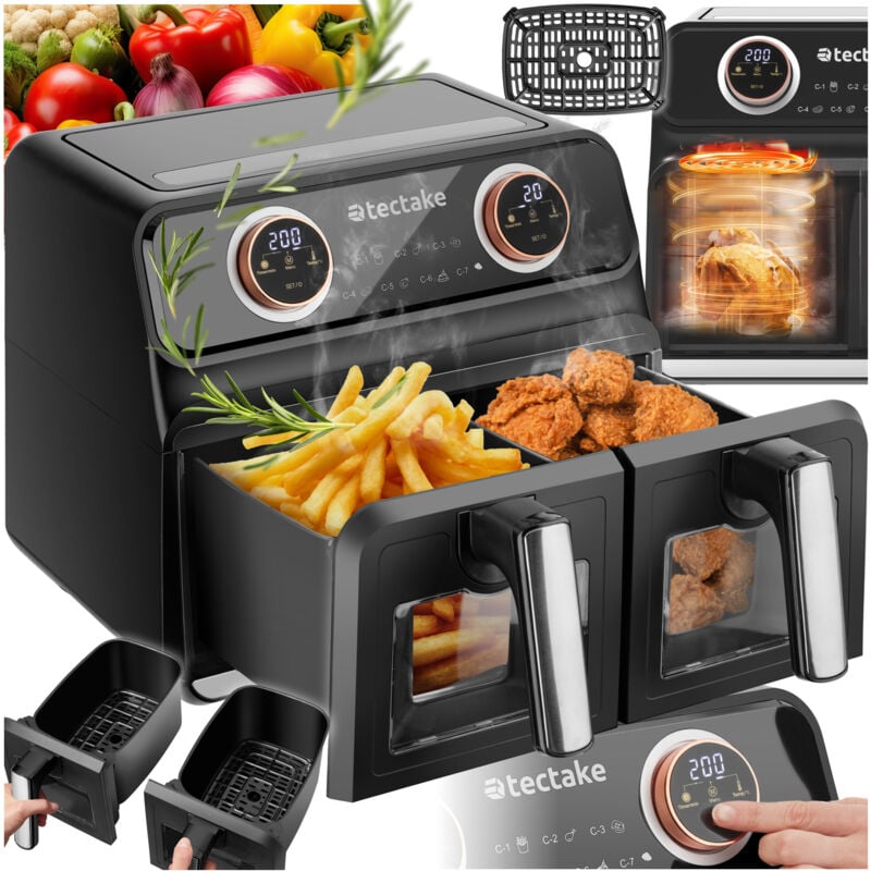 Tectake - Friteuse à air chaud Samurai, 2 compartiments de cuisson, 7 programmes, 2400W -