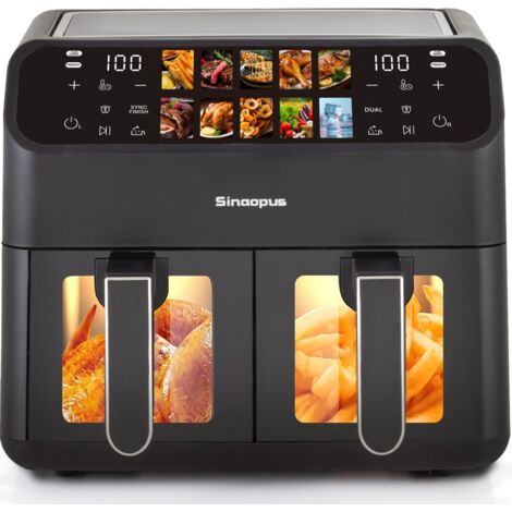 Friteuse à air double chambre XXL 9L - Minuterie/réglable 80-200°C, 10 en 1, écran LED, idéale famille 36x32x31cm - Noir