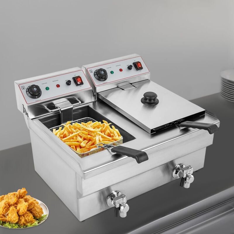 Gojoy - Friteuse Double, Commerciale 6 kw, Professional grande friteuse électrique, acier inoxydable, avec panier et couvercle, capacité: 2 x 10 l,