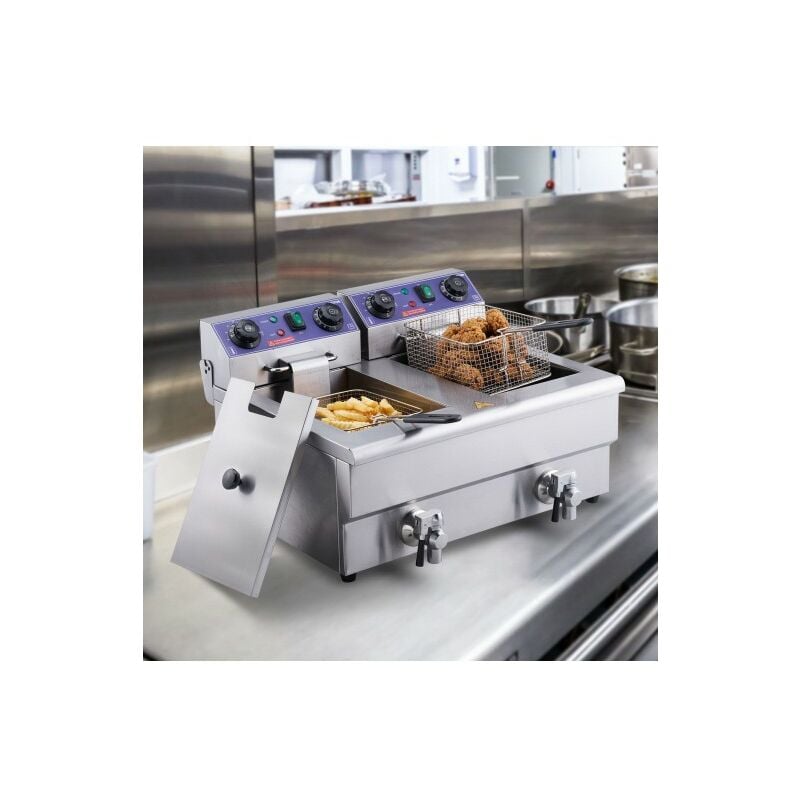 ME - Friteuse Électrique Com rciale Friteuse à Huile 2 Cuves Acier Inox 12L 6000 w - Pour Restaurants Supermarchés Fast-foods Snack-bars