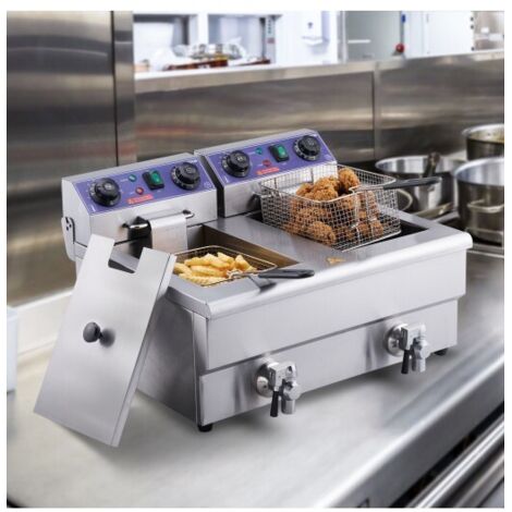 Friteuse Électrique Commerciale Friteuse à Huile 2 Cuves Acier Inox 12L 6000 W - Pour Restaurants Supermarchés Fast-foods Snack-bars
