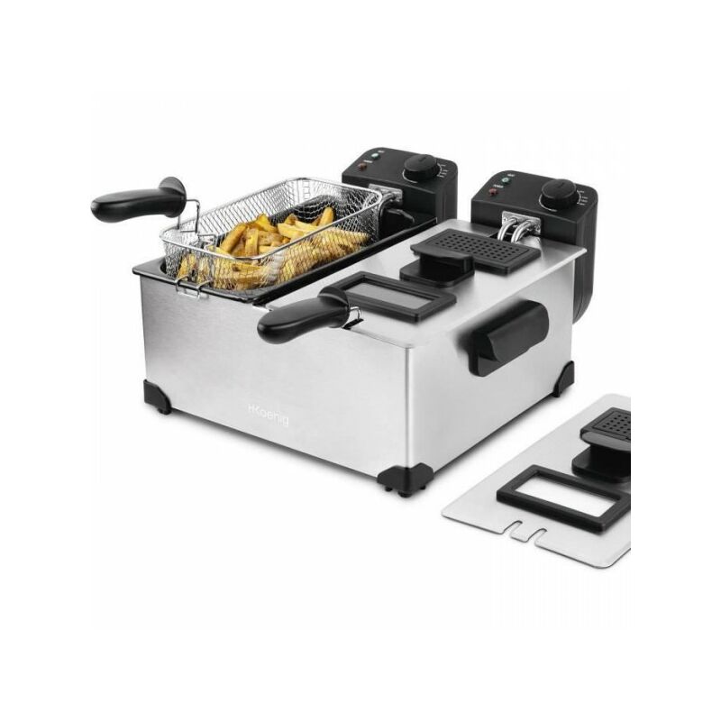 Hkoenig - Friteuse Electrique DFX600 - Double Cuve 2x3L - Thermostats indépendants - Paniers amovibles - Acier inoxydable - 3600W