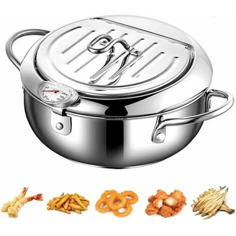 -Friteuse profonde en acier inoxydable de style japonais avec couvercle de thermomètre et égouttoir à huile Poêle antiadhésive pour la cuisine