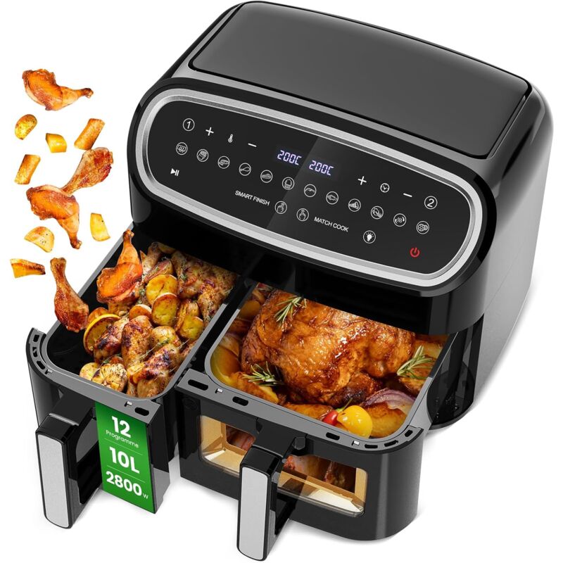 Friteuse Sans Huile Double, Air Fryer Tour, Capacité xxl de 10 Litres, 12 Programmes Préétablis, Fonction Minuterie, Friteuse à Air Chaud de 2800W,