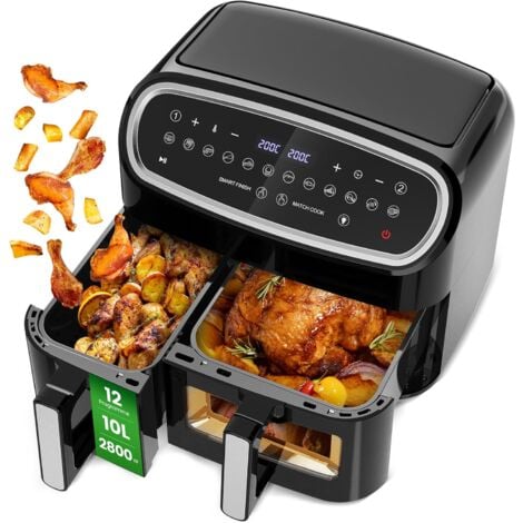 CIRCLIO Friteuse Sans Huile Double, Air Fryer Tour, Capacité XXL de 10 Litres, 12 Programmes Préétablis, Fonction Minuterie, Friteuse à Air Chaud de 2800W, Double Tiroir pour Cuire un Poulet Entier