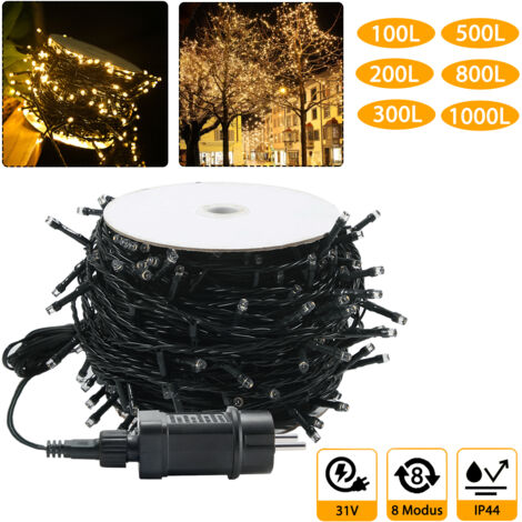 Froadp 100m Guirnalda Luces Exterior 1000 LEDs Cortina Luces con Enchufe y 8 Modos de Iluminación Cadena de Luz IP44 Impermeable Blanco Cálido para Jardín Interior Boda Fiesta de Navidad