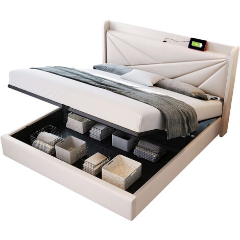 Froadp 160x200cm Lattenrost Boxspringbett mit Bettkasten Polsterbett mit Aufladen USB Ladefunktion Kopfteil & Schubladen Doppelbett Stauraumbetten aus Eisen Bettgestell (Grau, ohne Matratze)