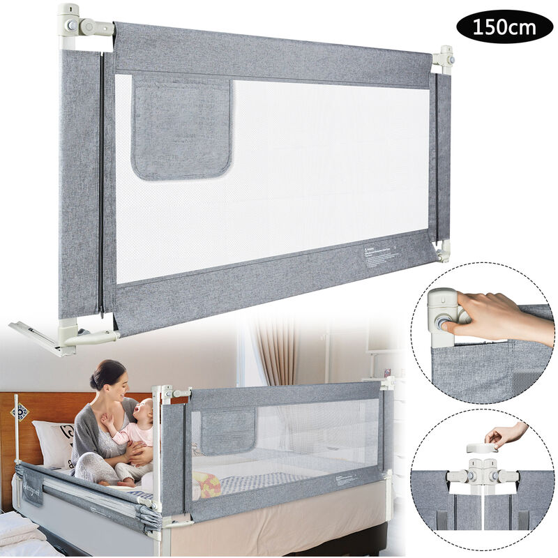 Barrière de sécurité de lit bébé/enfant portable 200cm hauteur réglable  soulèvement vertical,double verrou de sécurité gris - Conforama