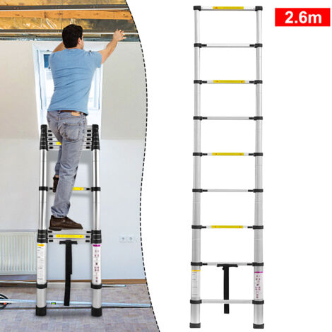 Froadp 260cm Alu-Teleskopleiter Anlegeleiter Mehrzweckleiter 9 Stufen Sprossenleiter Gefaltete Höhe 74cm, Multifunktion Ausziehbar Hochwertigem Aluleiter (Silber)