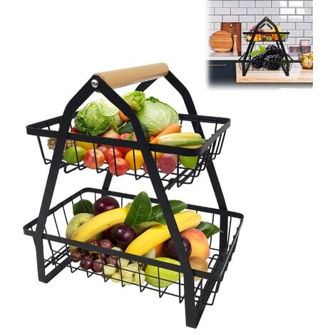 FROADP 27x17x30cm Obst Etagere 2 Etagen Obstschale aus Metall Obstkorb mit Holzgriff Gemüsegestell Abnehmbar Obsthalter für Obst Gemüse Brot Snacks