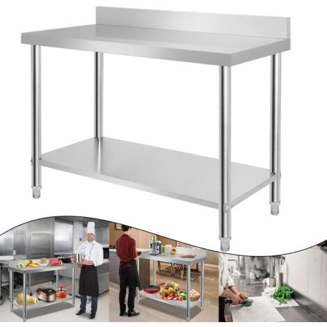 Froadp Edelstahl Arbeitstische für Lebensmittelzubereitung, Küche Tisch mit Faden Verstellbare Fuß & Ablagefläche, Multifunktionale Gastro Zubereitungstisch, Grilltisch (120x60x85cm, mit Aufkantung)