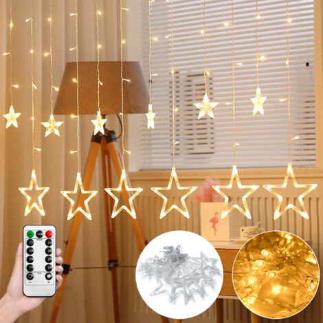 Froadp Rideau lumineux étoile LED 3m chaîne transparente avec 8 modes lumineux guirlande avec 138 LED et télécommande blanc chaud décoration de Noël