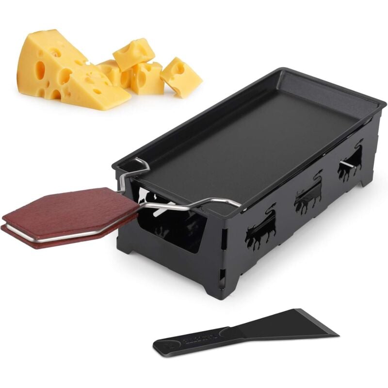 Fromage Plateau De Cuisson en Acier, Raclette à Fromage en Bois avec Spatule en SiliCône Plateau De Cuisson Poêle avec Poignée en Bois Ensemble de
