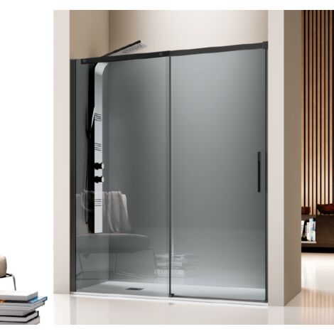 Frontal de ducha + Puerta Corredera 155  cm LUNA Negro con Cristal serigrafiado