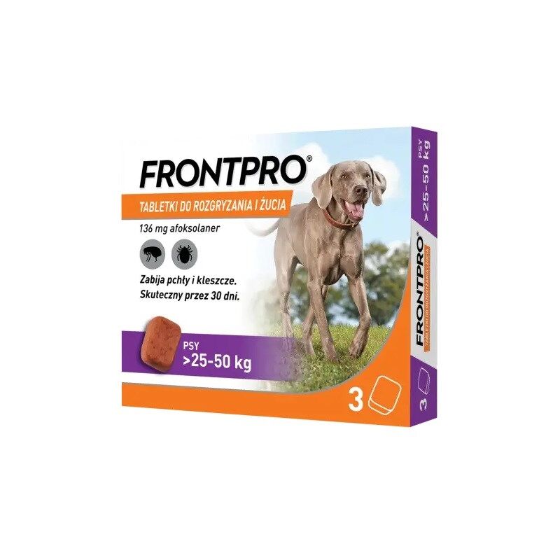 FRONTPRO Comprimés anti-puces et tiques pour chien (25-50 kg) - 3x 136mg