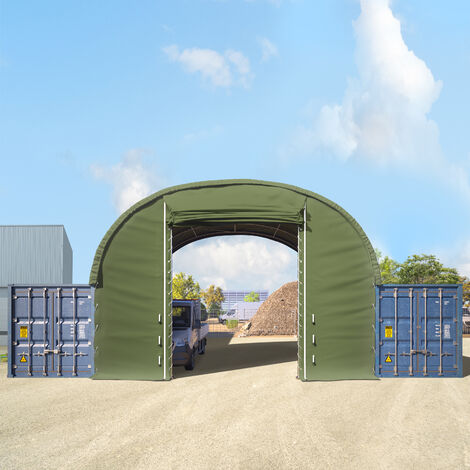 Frontwand für Container Überdachung 8m Breite mit Easy-up-Eingang, PRIMEtex 2300 PVC Plane, dunkelgrün