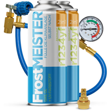 FROSTMEISTER 2in1 400ml - 2x Bomboletta R1234yf + Tubo con manometro + Adattatore KIT SELF-SERVICE ARIA CONDIZIONATA